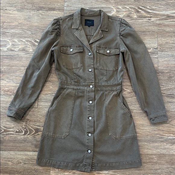 Rails Lisette Denim Twill Mini Dress Button Up Puff Sleeve Moss Womens Small EUC - Picture 2 of 14